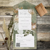 Boho Sage Green Floral Grass QR Code All In One Uitnodiging
