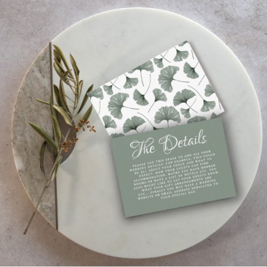 Boho Sage Green Ginkgo Botanical Wedding Details Informatiekaartje