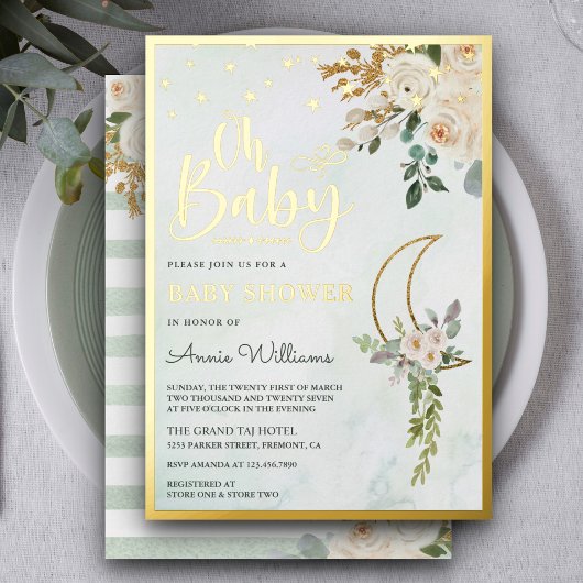 Boho Sage Green Ivory Floral Moon Baby shower Gold Folie Uitnodiging