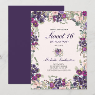 Boho Sage Green Leaves Paarse Pink Floral Sweet 16 Kaart