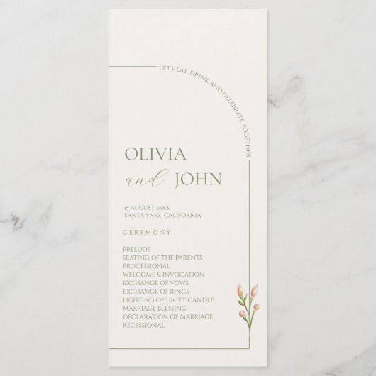 Boho Sage Green & Linen Minimalist Arch Wedding Programmakaart (Voorkant)