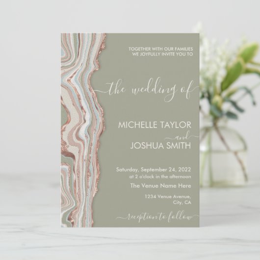 Boho Sage Green Marble Stone Earthy Agate Invitat Kaart (Staand voorkant)