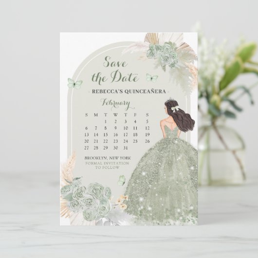 Boho Sage Green Mis Quince Sla de datum kalender o Kaart (Staand voorkant)