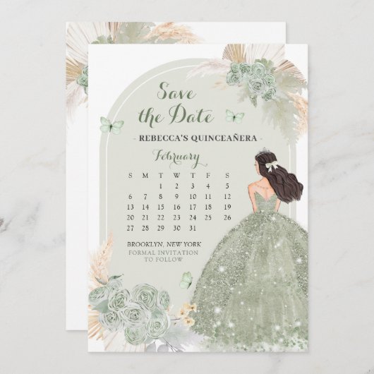 Boho Sage Green Mis Quince Sla de datum kalender o Kaart (Voorkant / Achterkant)