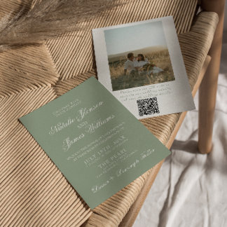 Boho Sage Green Modern QR Code Photo Wedding Kaart