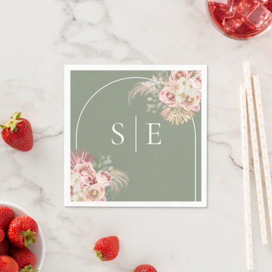 Boho Sage Green Pampas Grass Arch Monogram Napkins Servet (Insitu)