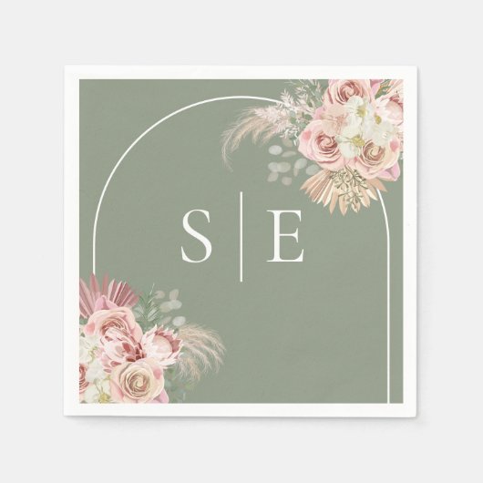 Boho Sage Green Pampas Grass Arch Monogram Napkins Servet (Voorkant)
