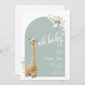 Boho Sage Green Pampas Grass Giraffe Baby shower Kaart (Voorkant / Achterkant)