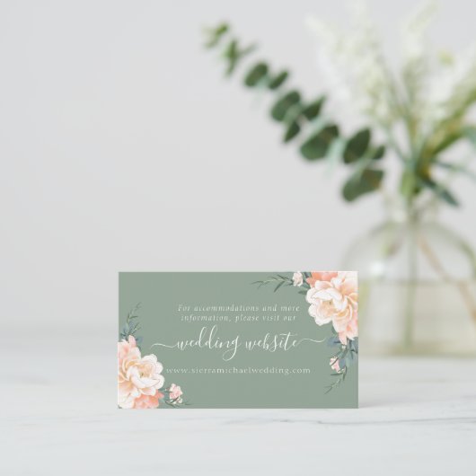 Boho Sage Green Peach Cream Floral Wedding Website Informatiekaartje (Staand voorkant)