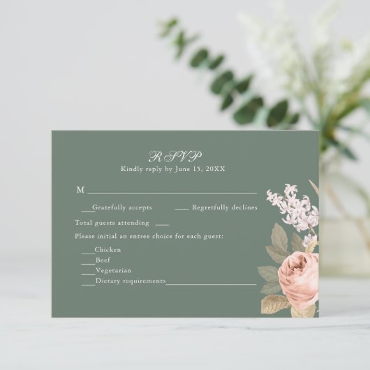 Boho Sage Green Peonies Wedding RSVP Card (Staand voorkant)