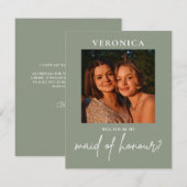 Boho Sage Green Photo Maid of Honor Proposal Kaart (Voorkant / Achterkant)