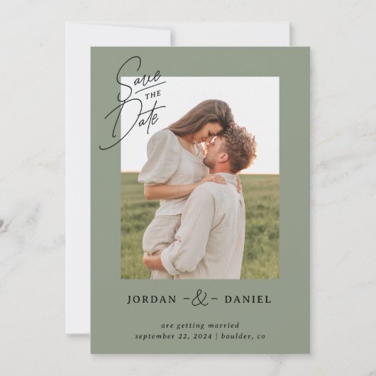 Boho Sage Green Photo Save the Date Kaart (Voorkant)
