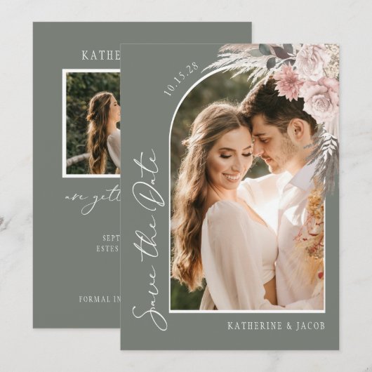 Boho Sage Green Photo Wedding Save the Date (Voorkant / Achterkant)