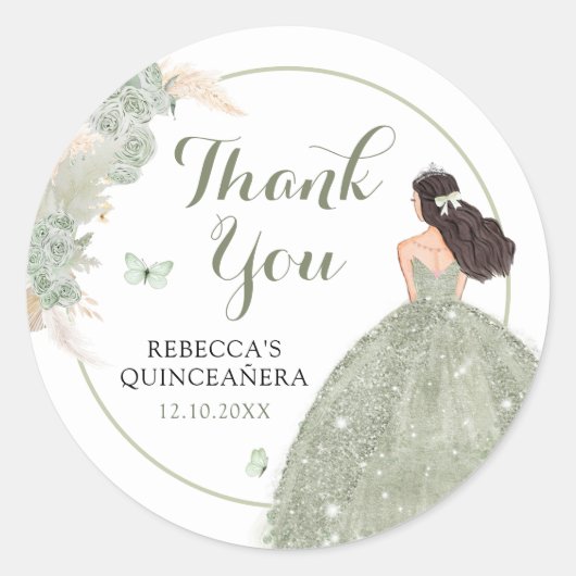 Boho Sage Green Quinceañera Bedankt Ronde Sticker (Voorkant)
