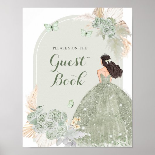 Boho Sage Green Quinceañera Gastenboek Poster (Voorkant)