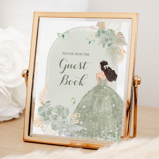 Boho Sage Green Quinceañera Gastenboek Poster