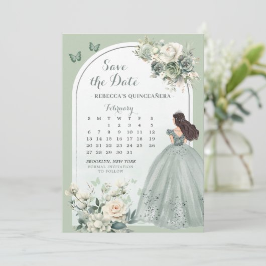 Boho Sage Green Quinceañera Kalender Sla de datum  Kaart (Staand voorkant)