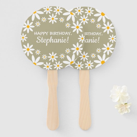 Boho Sage Green Retro Daisies Birthay Party Handwaaier (Voorkant en achterkant)