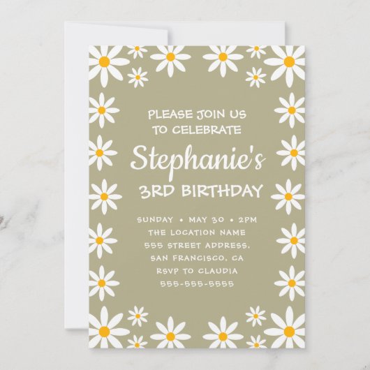Boho Sage Green Retro Daisies Birthay Party Kaart (Voorkant)
