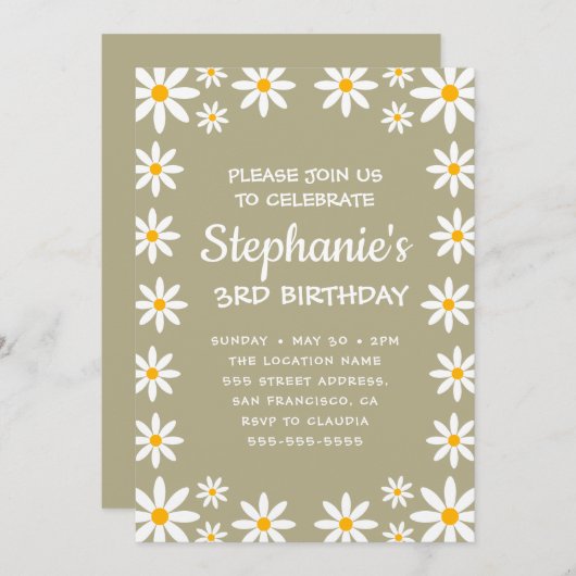 Boho Sage Green Retro Daisies Birthay Party Kaart (Voorkant / Achterkant)