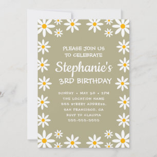 Boho Sage Green Retro Daisies Birthay Party Kaart