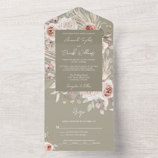 Boho Sage Green Rustic Floral met RSVP Wedding All In One Uitnodiging (Binnen)
