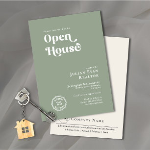 Boho Sage Green Typography Business Open House Kaart