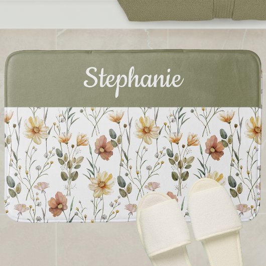 Boho Sage Green Watercolor Wildflower Monogram Badmat