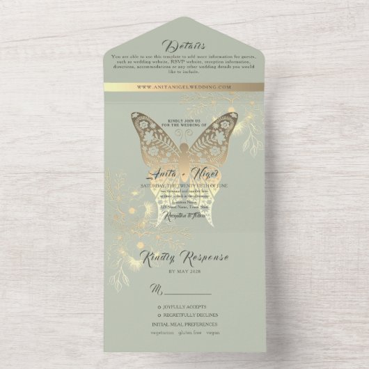 Boho Sage Green Wedding All In One Uitnodiging (Binnen)