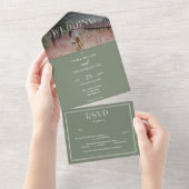 Boho Sage Green Wedding Invitation met foto All In One Uitnodiging (Afscheurbaar)