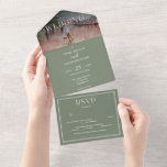 Boho Sage Green Wedding Invitation met foto All In One Uitnodiging<br><div class="desc">Deze uitnodiging voor bruiloft is ontworpen met een gemakkelijk te verwijderen geperforeerd RSVP-briefkaart. Schuif gewoon elke kaart in de aangegeven vorm,  en verzegel en verzend - geen envelop nodig voor de verzending. Vind overeenkomende objecten in mijn winkel of neem contact met me op.</div>