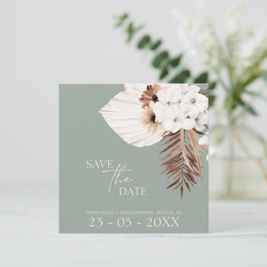 Boho Sage Green White Pampas Grass Wedding Save The Date (Staand voorkant)
