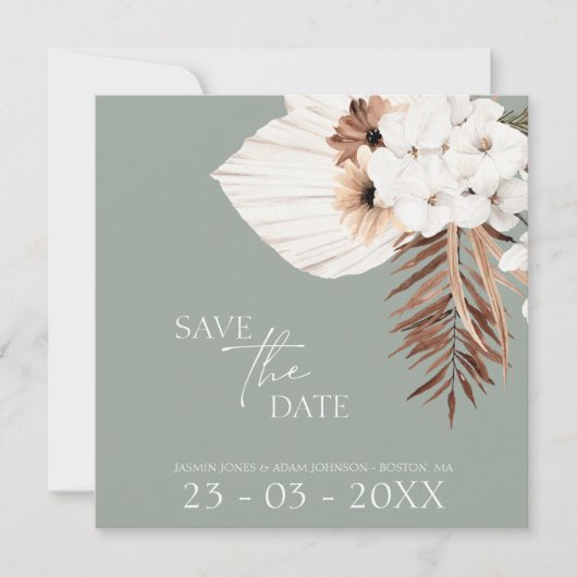 Boho Sage Green White Pampas Grass Wedding Save The Date (Voorkant)