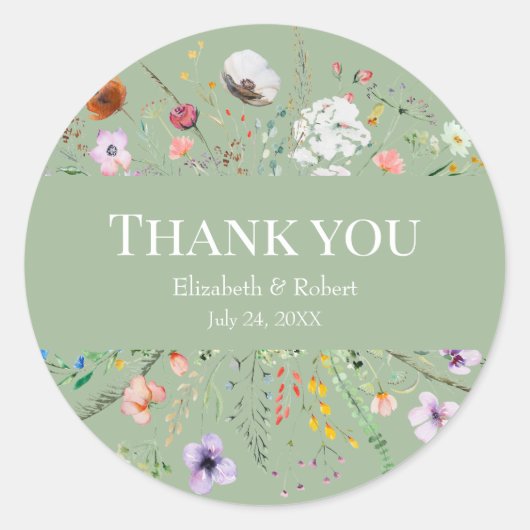 Boho Sage Green Wildflower Bedankt Ronde Sticker (Voorkant)