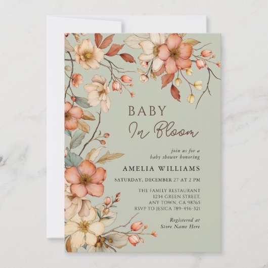Boho Sage Green Wildflower Floral Baby shower Kaart (Voorkant)