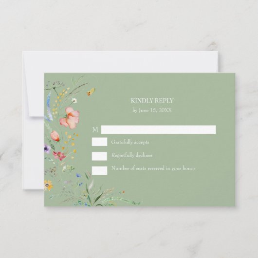 Boho Sage Green Wildflower Wedding RSVP Kaart (Voorkant)