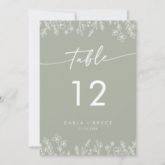 Boho Sage Green Wildflower Wedding Table Numbers Kaart (Voorkant)
