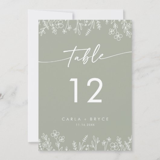 Boho Sage Green Wildflower Wedding Table Numbers Kaart (Achterkant)