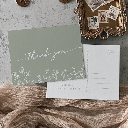 Boho Sage Green Wildflower Wedding Thank You Briefkaart
