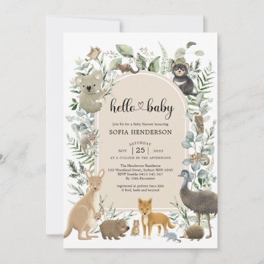 Boho Sage Greenery Australian Animals Baby shower Kaart (Voorkant)
