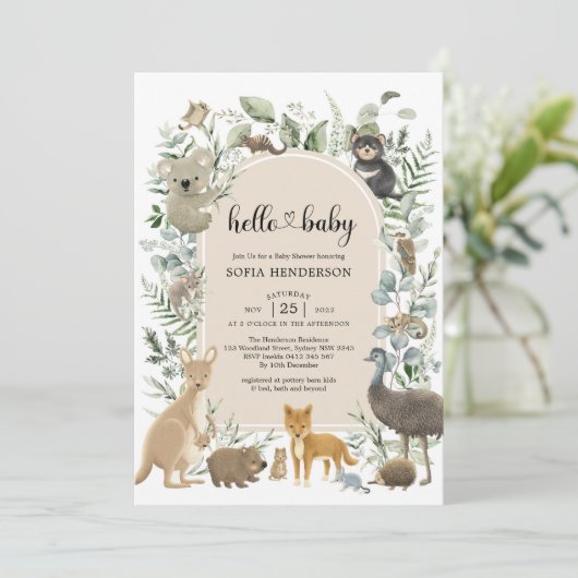 Boho Sage Greenery Australian Animals Baby shower Kaart (Staand voorkant)