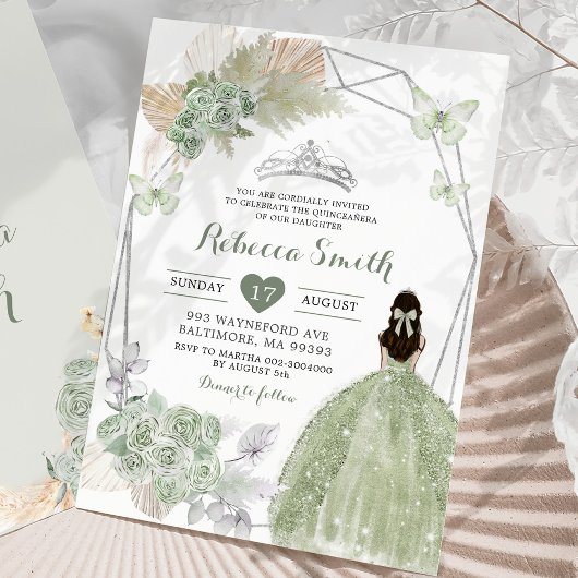 Boho Sage Groen Bloemen Geometrisch Quinceañera Kaart