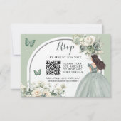 Boho Sage Groen Bloemen Prinses Meisje 15 Años QR RSVP Kaartje (Voorkant)