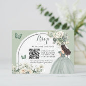 Boho Sage Groen Bloemen Prinses Meisje 15 Años QR RSVP Kaartje (Staand voorkant)