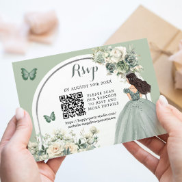 Boho Sage Groen Bloemen Prinses Meisje 15 Años QR RSVP Kaartje