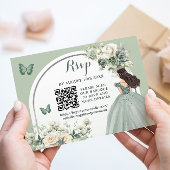 Boho Sage Groen Bloemen Prinses Meisje 15 Años QR RSVP Kaartje