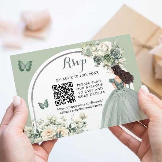 Boho Sage Groen Bloemen Prinses Meisje 15 Años QR RSVP Kaartje