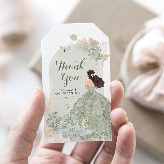 Boho Sage Groen Bloemen Quinceañera Dank u Cadeaulabel