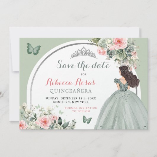 Boho Sage Groen Bloemen Quinceañera Save The Date Kaart (Voorkant)