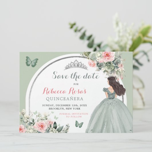 Boho Sage Groen Bloemen Quinceañera Save The Date Kaart (Staand voorkant)